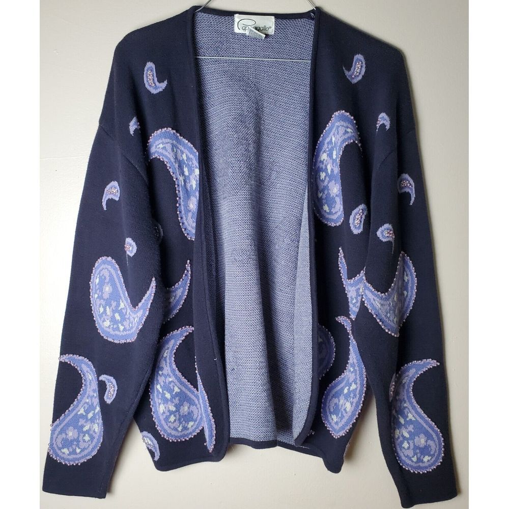 Vintage Cappagallo Medium Cardigan Sweater Paisley Beaded Navy Purple Lavender